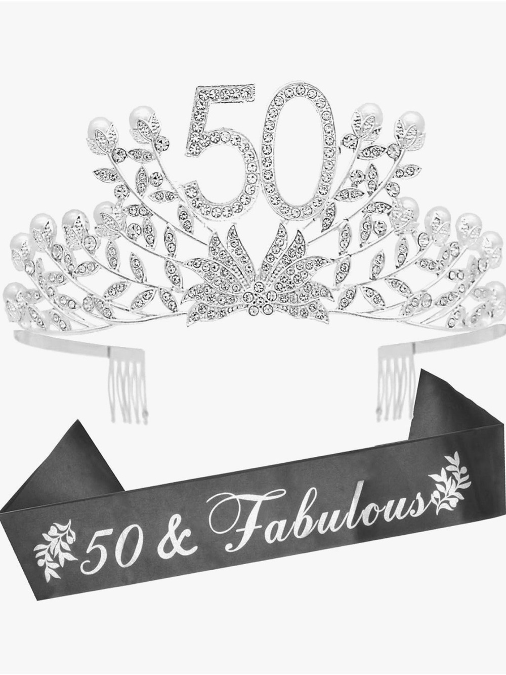 50 & Fabulous Silver Rhinestone Tiara with Sash